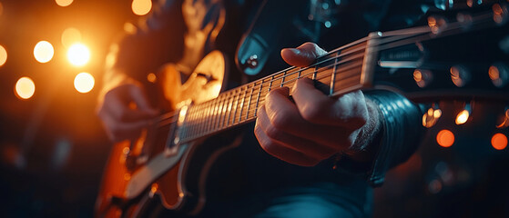 Obraz premium The musician plays the electric guitar masterfully under bright stage lights, conveying the energy of a live concert — an expressive backdrop for posters advertising music festivals and rock events.