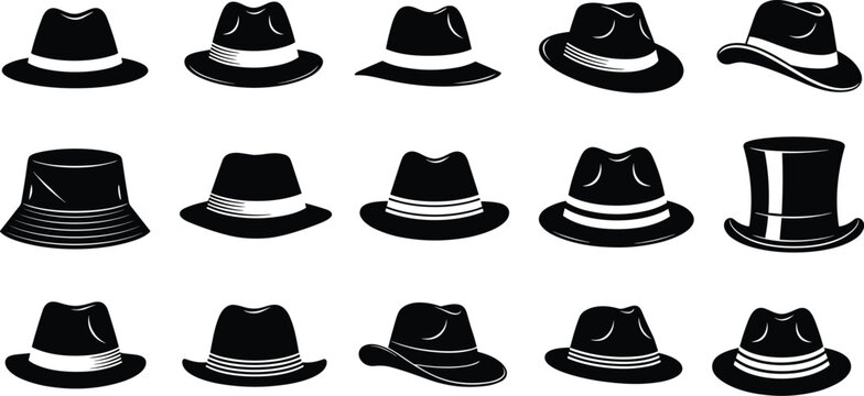 Black silhouette collection of classic men hats including fedora trilby bowler and top hat icons isolated on white background vector illustration