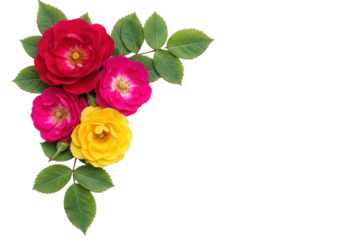 Photorealistic extreme macro close-up of a vibrant corner cluster of crimson, yellow, and fuchsia roses with green leaves on a transparent background, luxury floral elegance concept