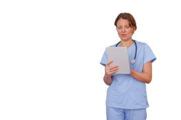 Nurse using digital tablet for remote patient care and telehealth consultations, managing healthcare data with innovation