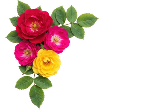 Photorealistic extreme macro close-up of a vibrant corner cluster of crimson, yellow, and fuchsia roses with green leaves on a transparent background, luxury floral elegance concept