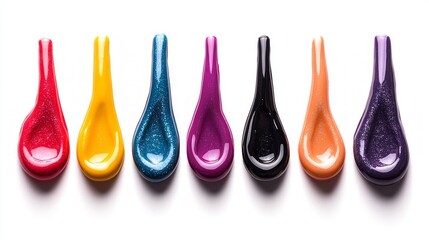 Seven shiny teardrop-shaped bottles of richly coloured nail polish are arranged on a white background, creating a stylish backdrop for advertising cosmetics or fashion blogs.