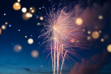 Vibrant fireworks exploding in dark blue night sky with bokeh lights