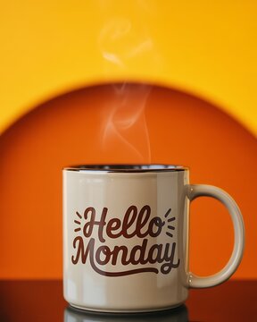 a steaming mug of coffee with the words hello monday printed on it sits against a vibrant orange backdrop high quality
