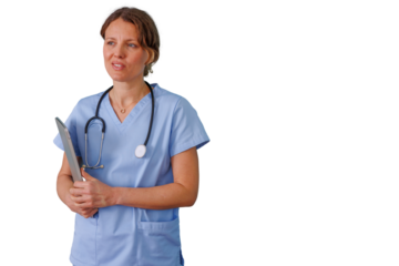 Healthcare worker providing patient care, consulting, and using technology in a professional setting with space for text