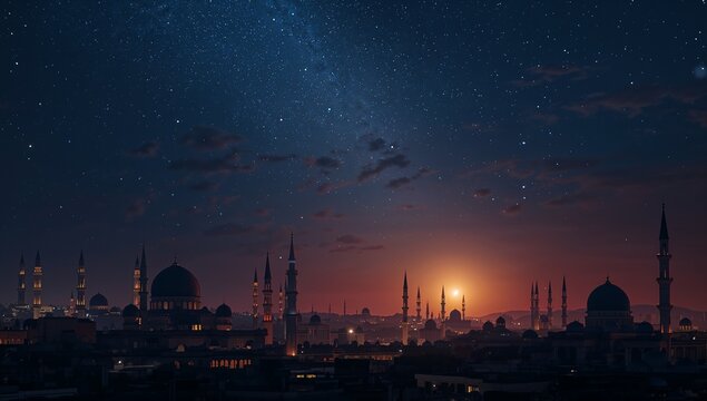 Panoramic silhouette of a historic Middle Eastern city skyline featuring illuminated mosques under a dramatic twilight sky filled with stars