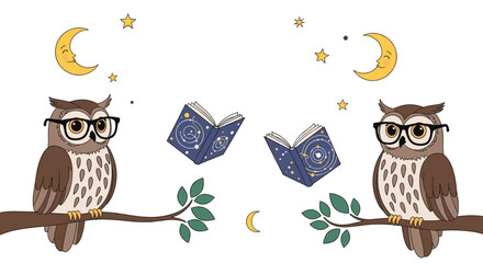 Whimsical scene with two wise owls wearing glasses perched on branches while magical books fly around them under the moon.