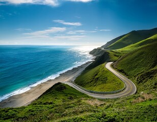 coastal highway winding road ocean view green hills