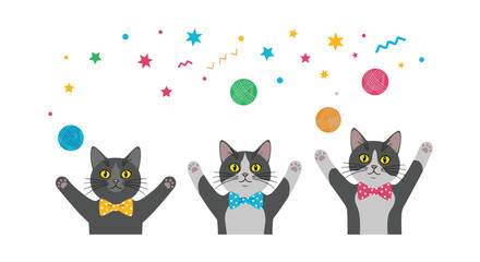 Three playful grey and white cats wearing colorful bowties reaching up towards yarn balls and confetti in a fun celebration.