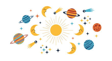 Colorful solar system illustration featuring the sun surrounded by various planets moons comets and sparkling stars on white.