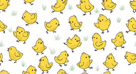 Adorable seamless pattern of tiny yellow baby chicks in different poses on a white background with small tufts of green grass.