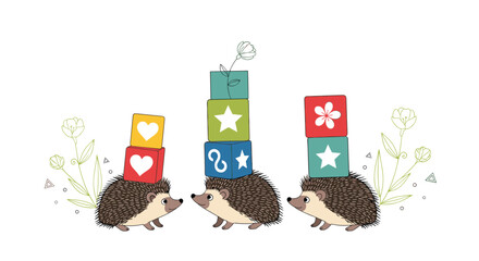 Adorable hedgehogs balancing colorful toy blocks with various shapes and symbols on their heads in a charming woodland illustration.