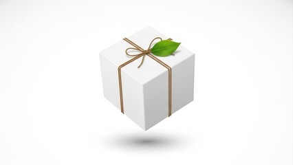 Obraz premium White gift box with green leaf and twine bow, floating on white background.