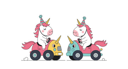 Magical unicorns wearing party hats and driving colorful small cars toward each other in a fun and celebratory cartoon illustration.