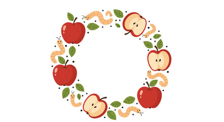 Circular wreath composed of red apples whole and sliced green leaves and cute little worms in a charming autumnal design.