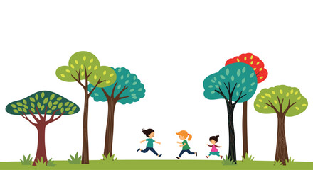 Group of diverse children playing and running happily through a whimsical forest of tall colorful stylized trees on green grass.