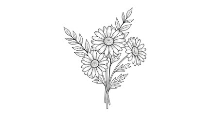 Detailed black and white line art illustration of a beautiful bouquet featuring daisies and delicate leaves on a white background.