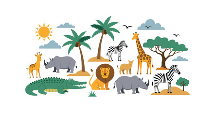 Diverse collection of african savanna animals including lions giraffes rhinos zebras and crocodiles gathered under palm trees in the sun.