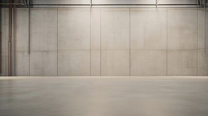 A large, empty warehouse space with concrete walls & floors. Overhead pipes and metal ceiling add industrial character, while the minimalist design ensures functionality and versatility.
