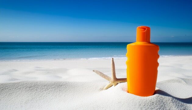 photo of an orange bottle of sunscreen on white sand with space for text - Powered by Adobe