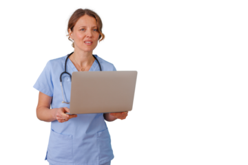 Healthcare professional wearing blue scrubs and stethoscope, holding a laptop, representing digital health and medical innovation. Transparent background