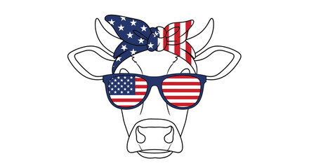 Line art illustration of a cow head wearing a stylish bandana and sunglasses both featuring the stars and stripes of the american flag.