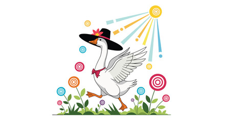 Elegant white goose wearing a black hat with a flower and a red bowtie walking through a field of stylized colorful flowers.