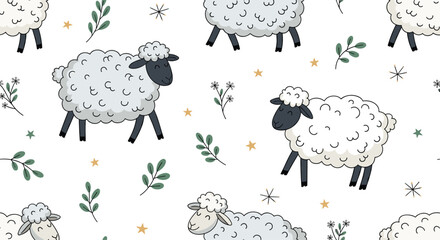 Seamless pattern featuring cute fluffy white sheep with black faces walking among green leaves and small gold stars on a white background.