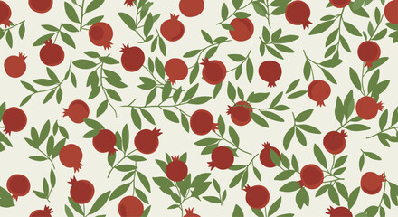 Vibrant seamless pattern filled with red pomegranates on thin branches with green leaves in a dense and decorative botanical layout.