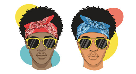 Portraits of two stylish black men with afro hairstyles wearing colorful bandanas and yellow sunglasses in a modern pop art illustration.