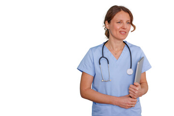 Female healthcare professional wearing scrubs and stethoscope, holding a tablet, transparent background