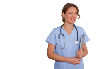 Female healthcare professional wearing scrubs and stethoscope, holding a tablet, transparent background