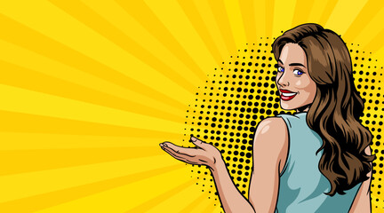 A beautiful woman points to an advertisement in a pop art retro style.