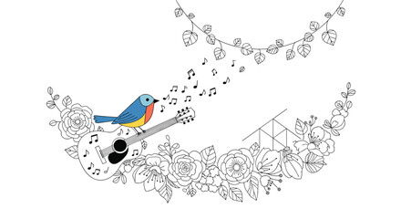 Blue and orange bird perched on an acoustic guitar surrounded by flowers and singing musical notes in a whimsical artistic scene.