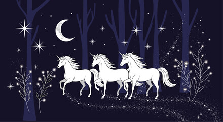 Three white unicorns galloping along a magical sparkling path through a dark forest at night under a crescent moon and stars.