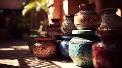 Array of intricately hand-painted ceramic pots showcasing traditional geometric patterns and earthy tones