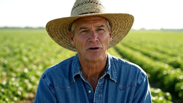 A man in a straw hat and denim shirt gestures in a sunlit green field