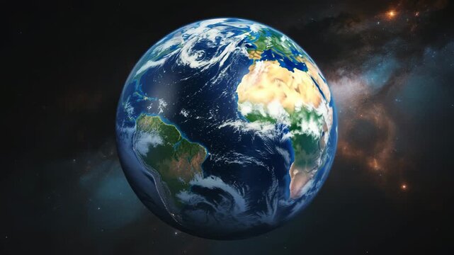 Realistic 3D render of planet Earth in space with nebula and stars in the background globe world