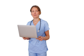 Nurse or medical professional holding laptop, thinking about patient data and telehealth consultation on transparent background