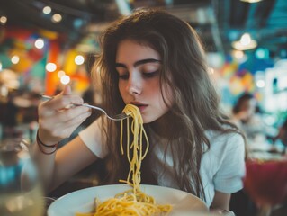 young woman enjoying pasta in a restaurant