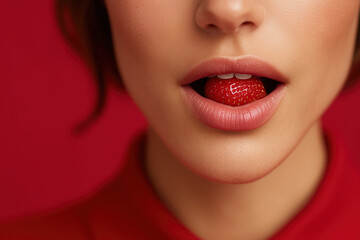 Fototapeta premium close-up of woman with strawberry and red background