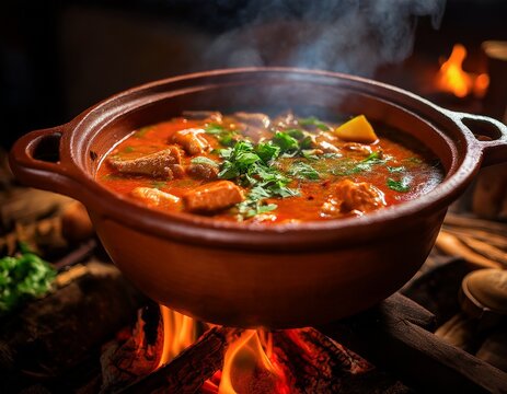 moqueca simmering in clay pot over open flame cinematic tones