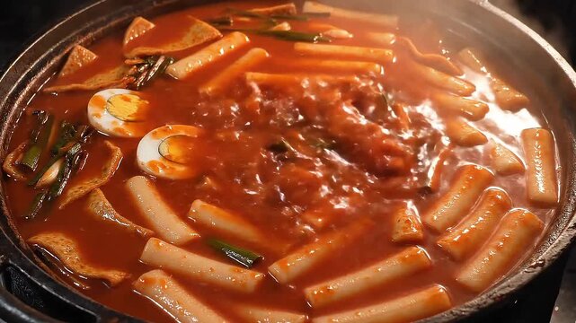 A bubbling pot of spicy Korean tteokbokki with rice cakes, fish cakes, and boiled eggs in a vibrant red sauce, steaming hot and ready to eat.