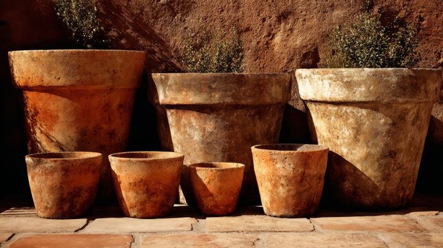 Array of perfectly aligned naturally colored clay pots with weathered terracotta textures, showcasing rustic garden charm.