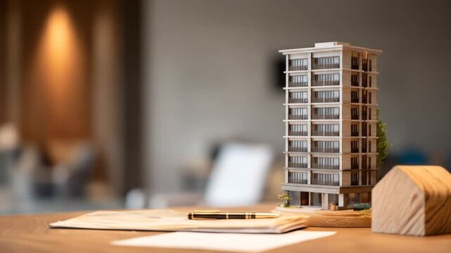A detailed model of a high-rise building sits on a table, alongside paperwork and a pen, in a modern interior setting.