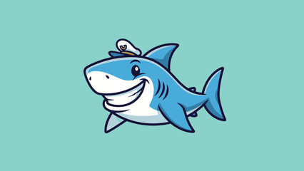 Obraz premium Happy Cartoon Shark Character Wearing Sailor Hat Smiling Cheerful in Soft Blue Background