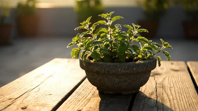Holy Basil plant on wooden table at golden hour outdoors