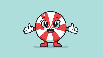Happy Cartoon Peppermint Candy Character with Open Arms on Bright Blue Background