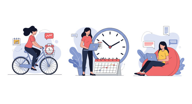 A collection of scenes illustrating flexible working schedules and remote work, featuring a woman on a bike, at a desk, and on a beanbag.