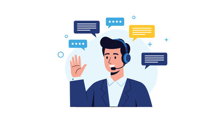 A friendly male customer service agent wearing a headset waves and smiles, ready to provide online support and assistance.